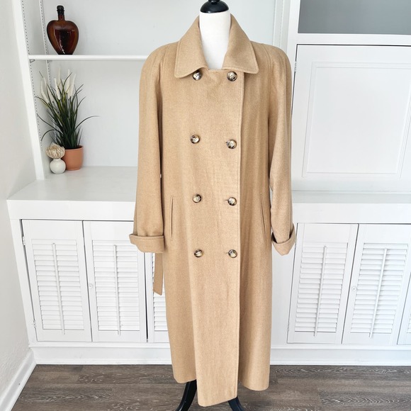 Vintage Fleurette of California Camel Hair Wool Double Breasted Trench Coat Sz L - Picture 2 of 9